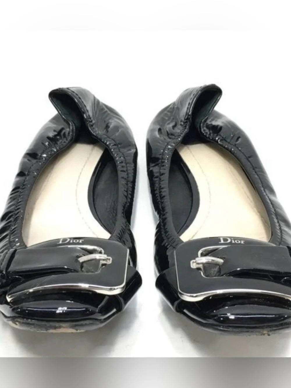 Dior Black Patent Leather Ballet Flats with Silver Buckle Detail
